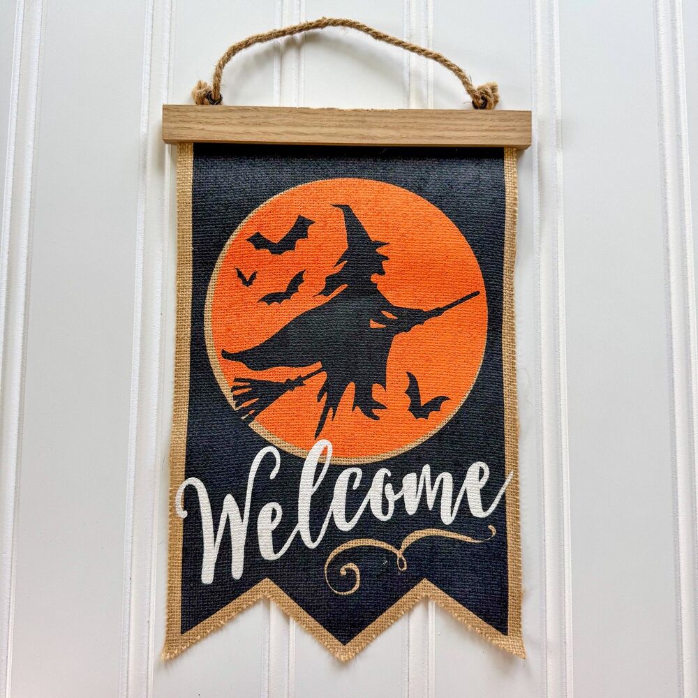 Halloween “Welcome” Sign with Witch and Bats Wall Hanging